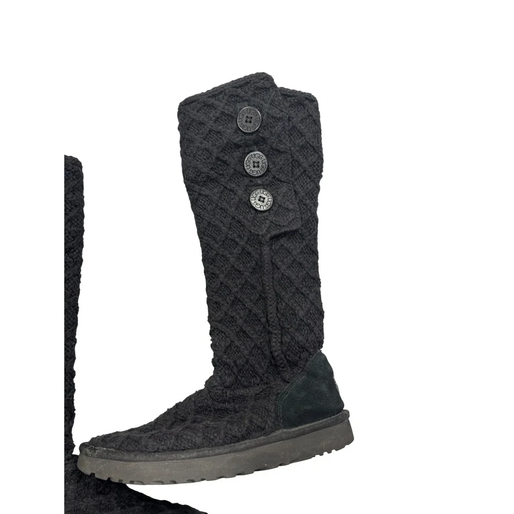 UGG Cardy Lattice Womens 9 Wool‎ Black Knit Button Tall Boots Classic Tall